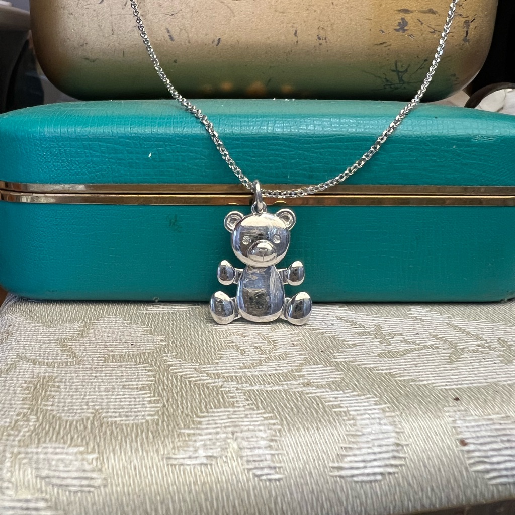 Charles Garnier, Sterling, Silver Teddy Bear Pendant With Diamond Eyes And Chain